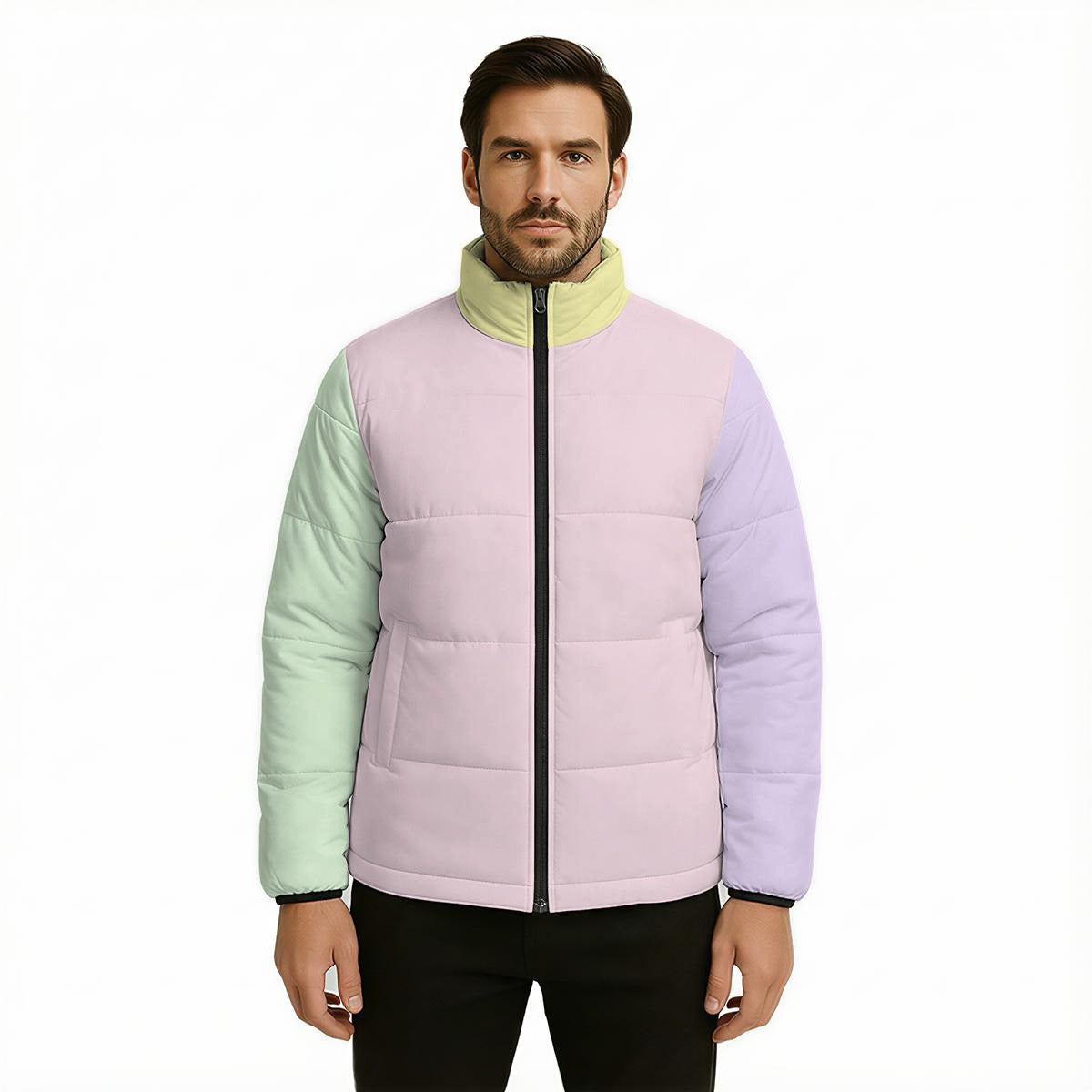 Unisex Pastel Color Block Puffer Jacket | Pink Green Lavender Winter Jacket | Cotton Filled Retro Puffer Coat