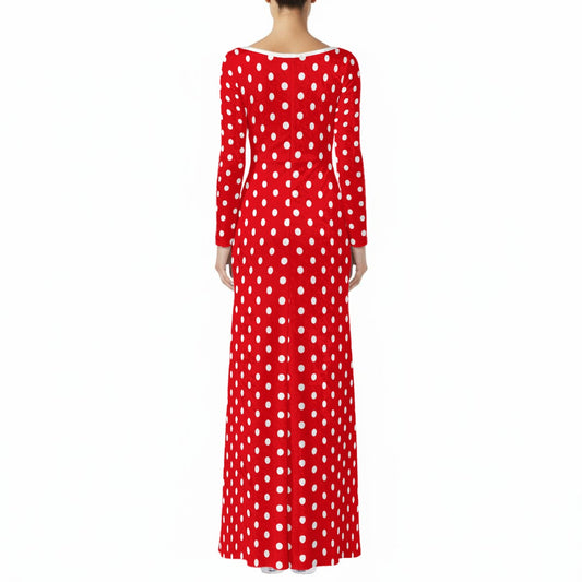 Red Polka Dot Maxi Dress | Retro Red Velvet Holiday Dress | Long Sleeve Maxi Dress | Vintage Retro Party Dress