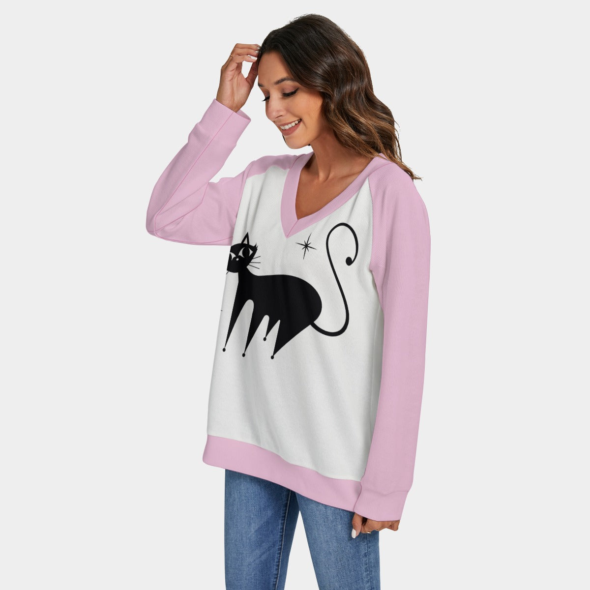 Women's Retro Cat Sweater | 50s Pink Cat Print Knit Sweater | Vintage Cat Lover Pullover