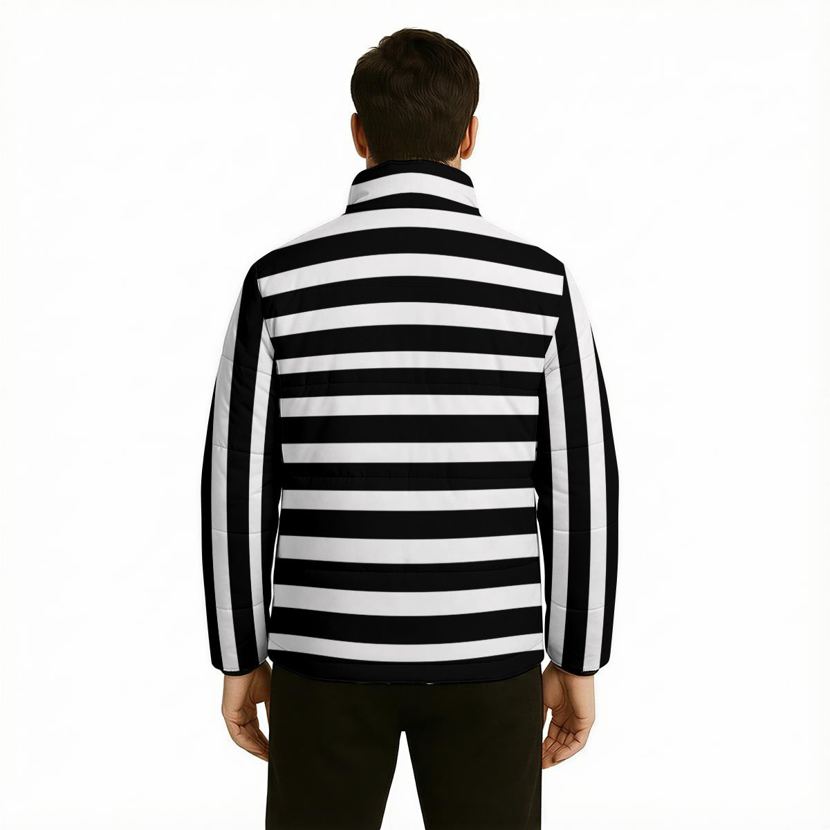 Unisex Black Stripe Puffer Jacket | Black and White Stripe Winter Jacket | Retro Stripe Cotton Filled Puffer Coat