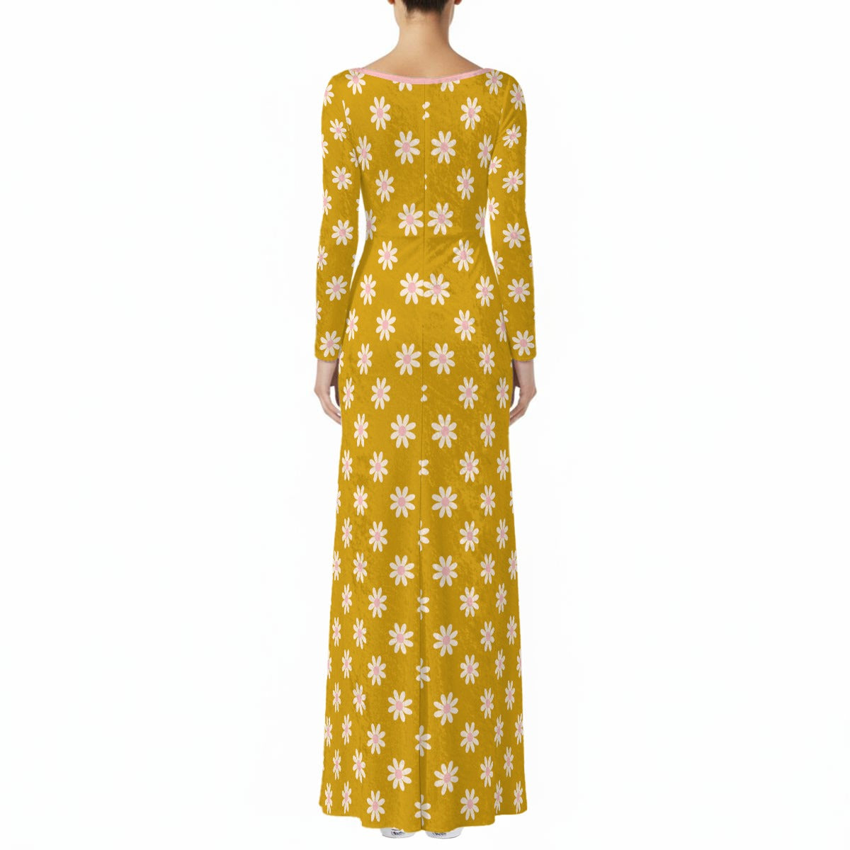 70s Style Maxi Dress | Mustard Yellow Velvet Maxi Dress | Vintage Hippie Floral Bohemian Dress | Pink Lined A-Line Long Sleeve Dress