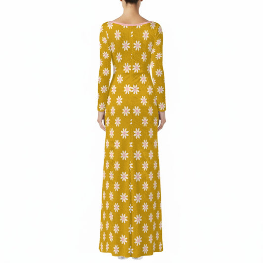 70s Style Maxi Dress | Mustard Yellow Velvet Maxi Dress | Vintage Hippie Floral Bohemian Dress | Pink Lined A-Line Long Sleeve Dress