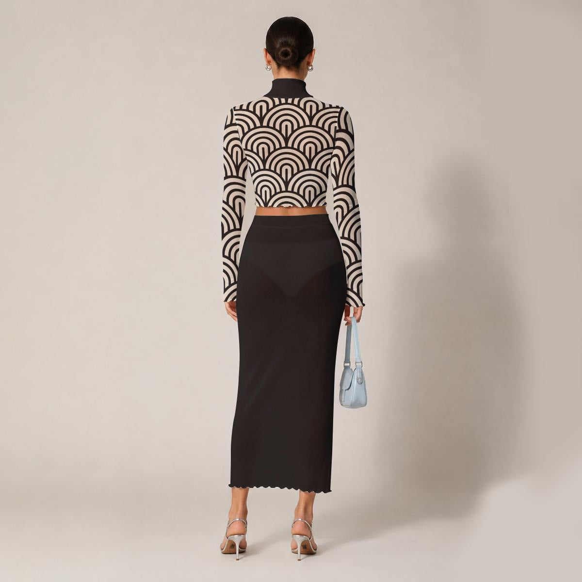 Women's 60s Op Art Two-Piece Set | Sheer Geometric Turtleneck Crop Top & Black Maxi Skirt | Mod Vintage Outfit