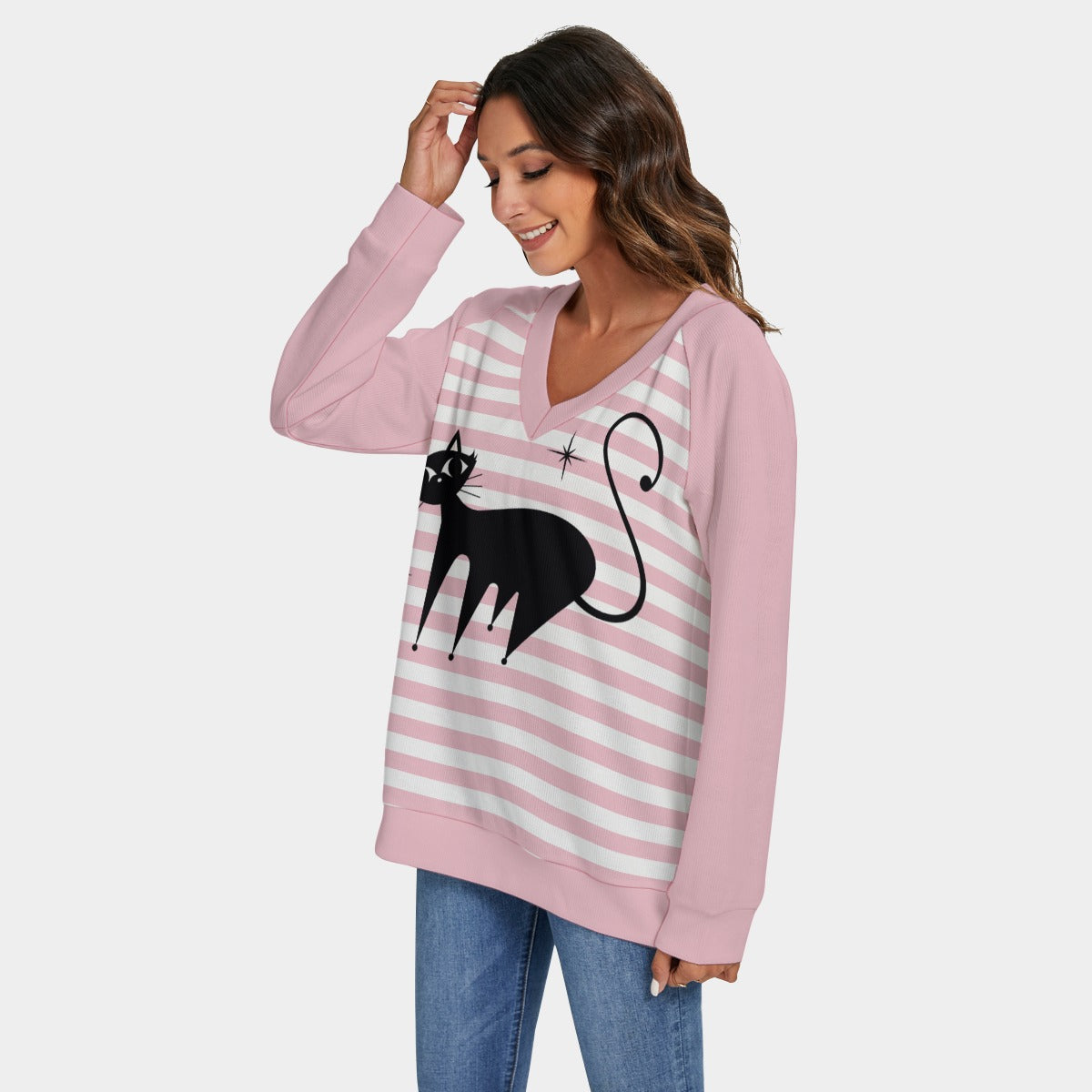 Women's Retro Cat Sweater | 50s Pink Cat Print Knit Sweater | Vintage Cat Lover Pullover, Pink Stripe Sweater