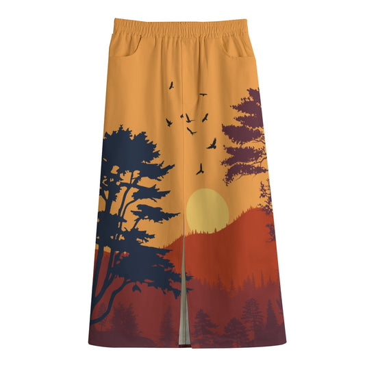 Unique Canvas Cotton A-Line Midi Skirt │ Artistic Sunset Skirt with Warm Tones