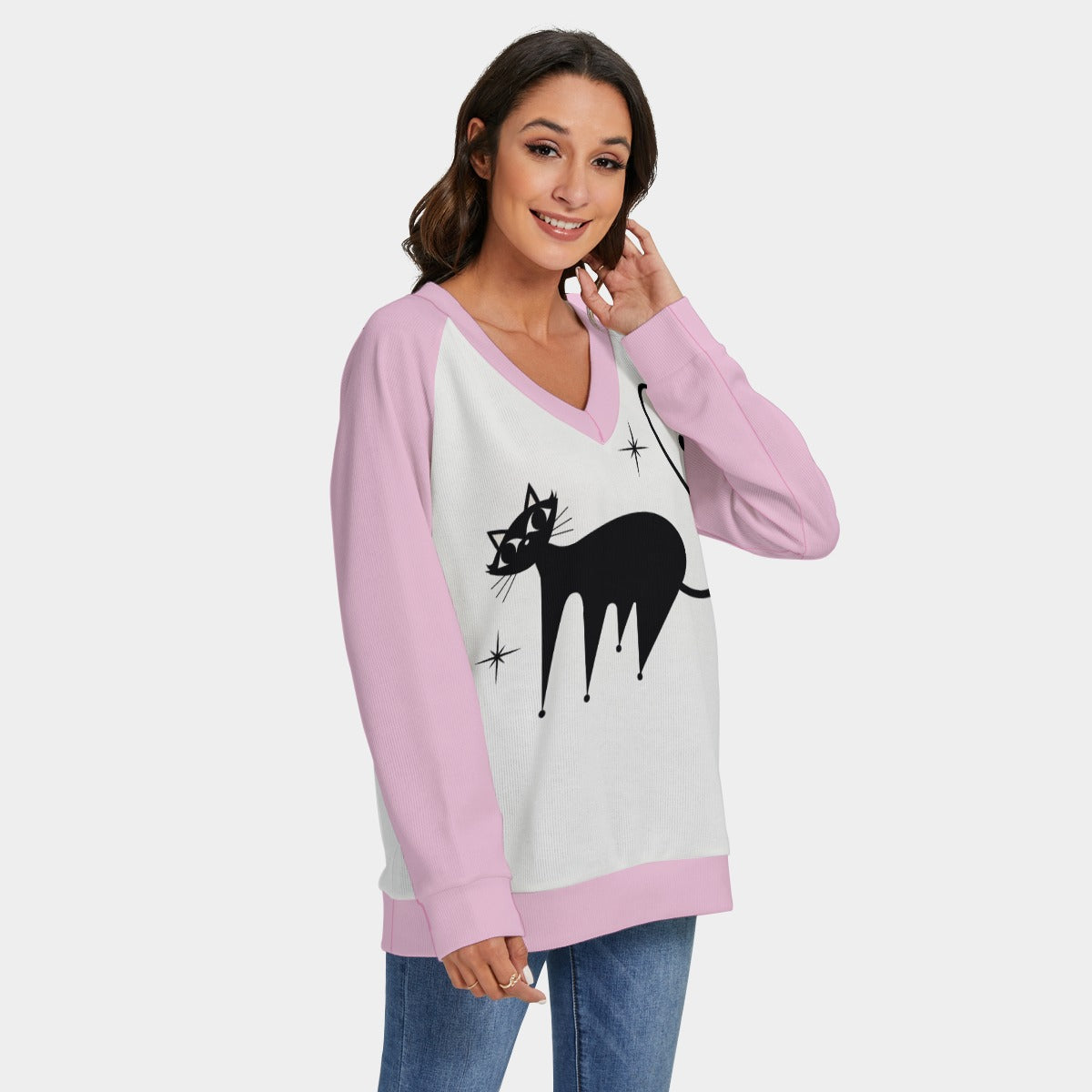 Women's Retro Cat Sweater | 50s Pink Cat Print Knit Sweater | Vintage Cat Lover Pullover