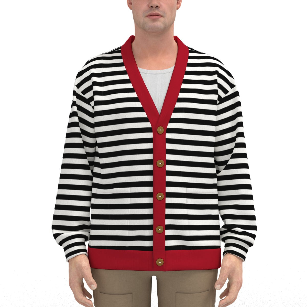 Unisex Black Stripe Cardigan | Retro Red Black and White Knit Cardigan | Fleece Lined Winter Sweater