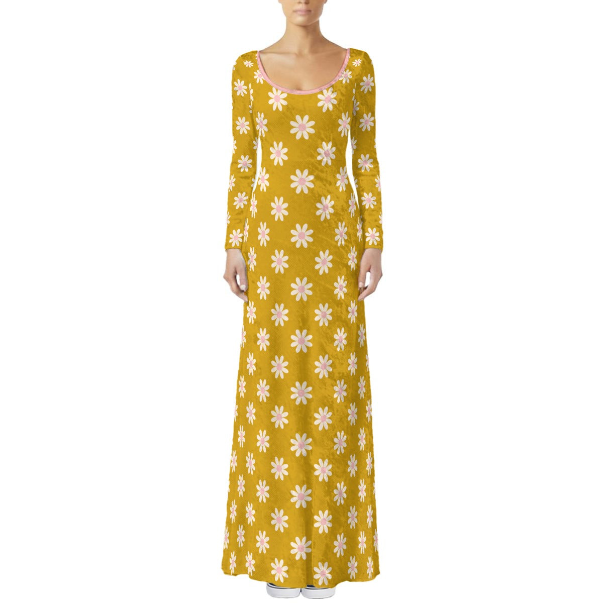 70s Style Maxi Dress | Mustard Yellow Velvet Maxi Dress | Vintage Hippie Floral Bohemian Dress | Pink Lined A-Line Long Sleeve Dress