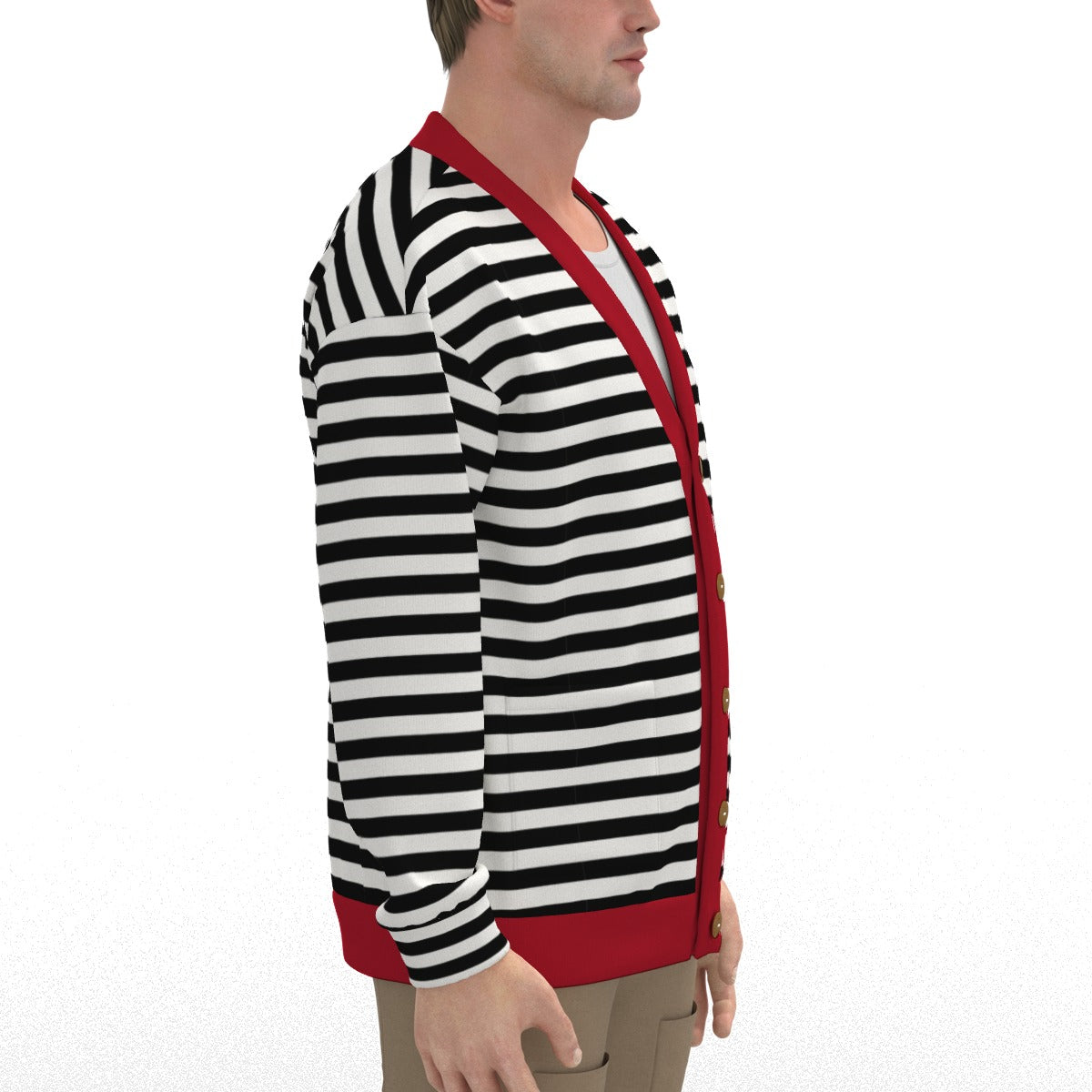 Unisex Black Stripe Cardigan | Retro Red Black and White Knit Cardigan | Fleece Lined Winter Sweater