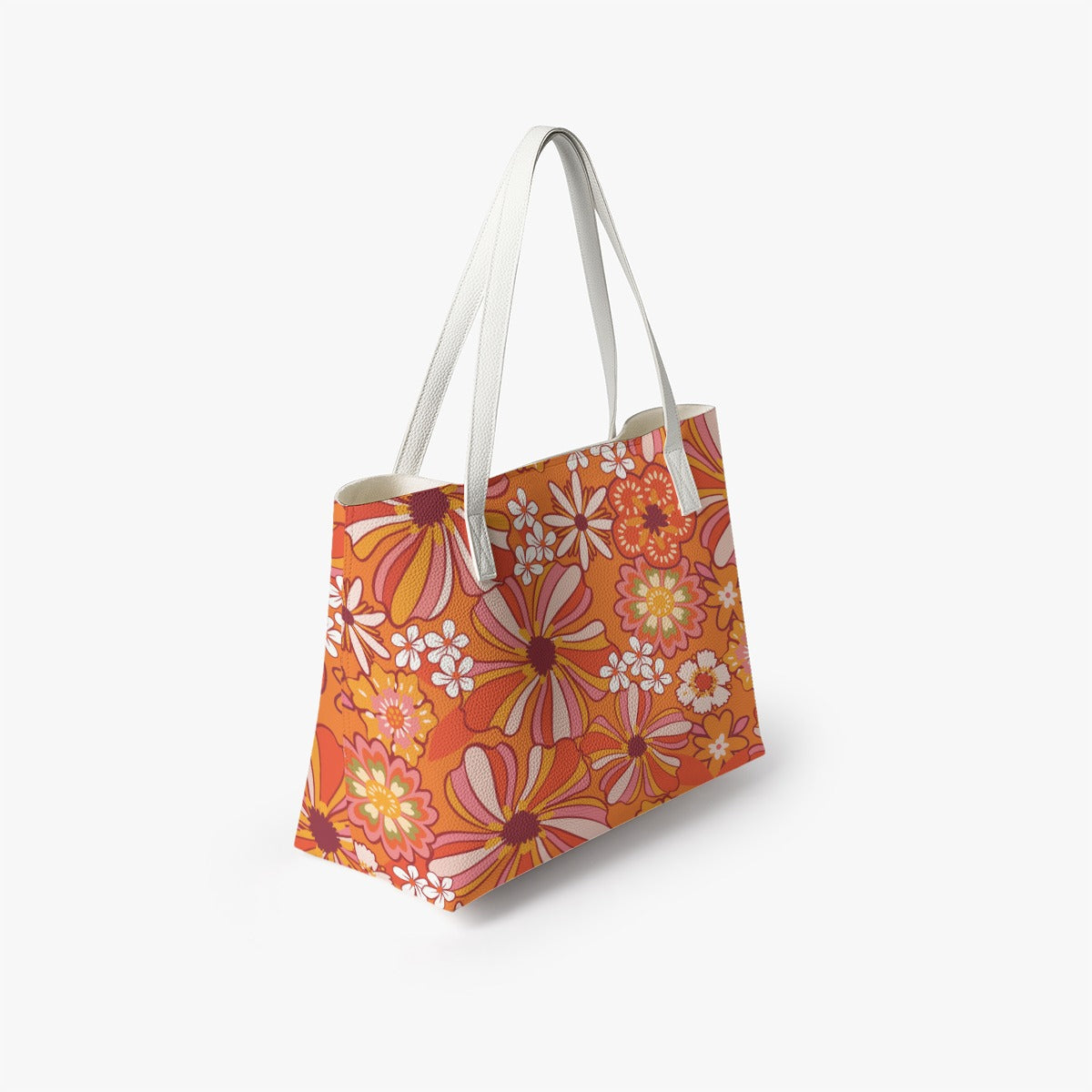 Vintage 60s & 70s Style Floral Tote Bag | Retro PU Leather Handbag | Orange Boho Shoulder Bag