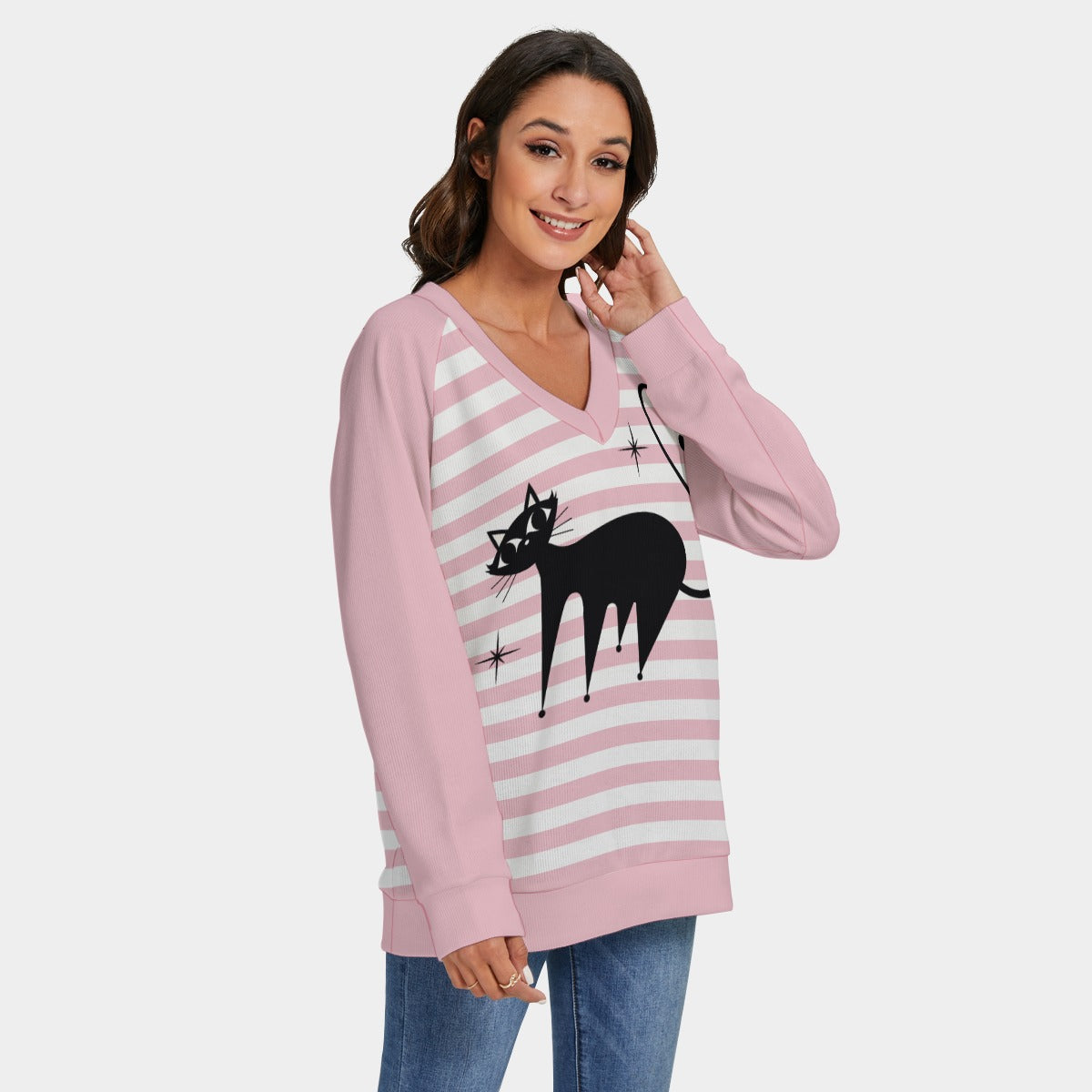 Women's Retro Cat Sweater | 50s Pink Cat Print Knit Sweater | Vintage Cat Lover Pullover, Pink Stripe Sweater