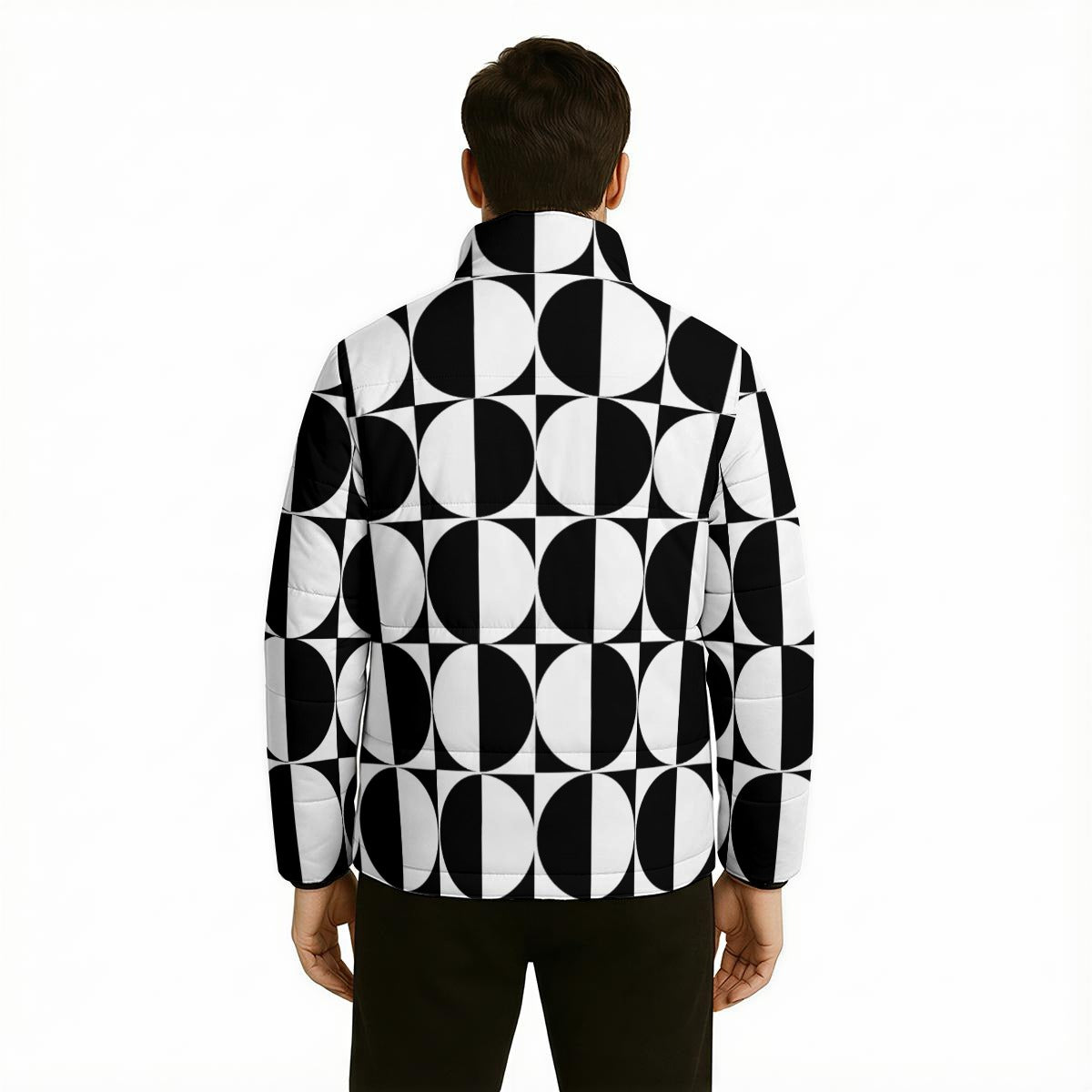 Unisex Op Art Puffer Jacket | Black & White Geometric Winter Jacket | Cotton Filled Retro Puffer Coat