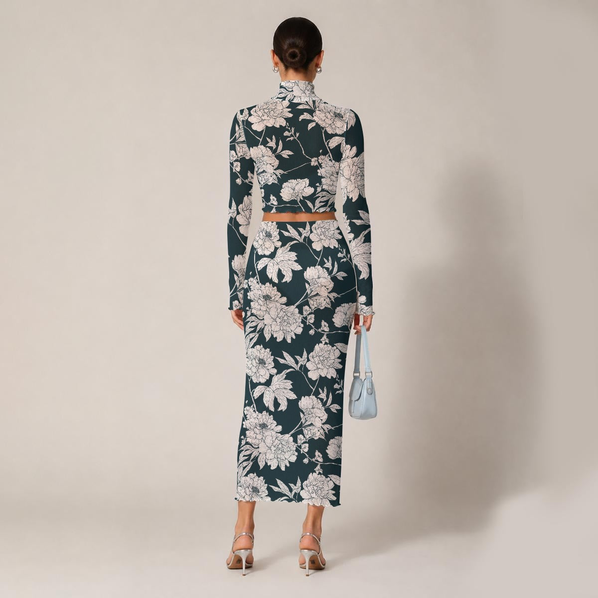 Women's Sheer Floral Two Piece Set Black Turtleneck Crop Top Maxi Skirt