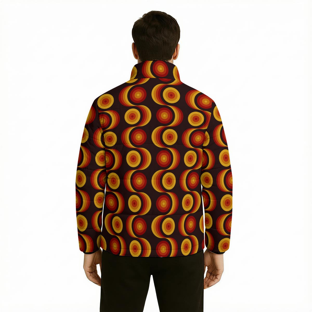 Unisex 70s Hippie Puffer Jacket | Brown Geometric Retro Winter Jacket | Vintage 70s Style Cotton Filled Coat