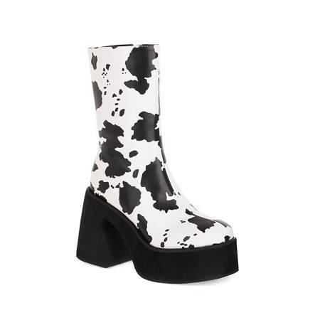 70s-Inspired Animal Print Platform Boots | Retro Chunky Heel Cow & Zebra Print Ankle Boots