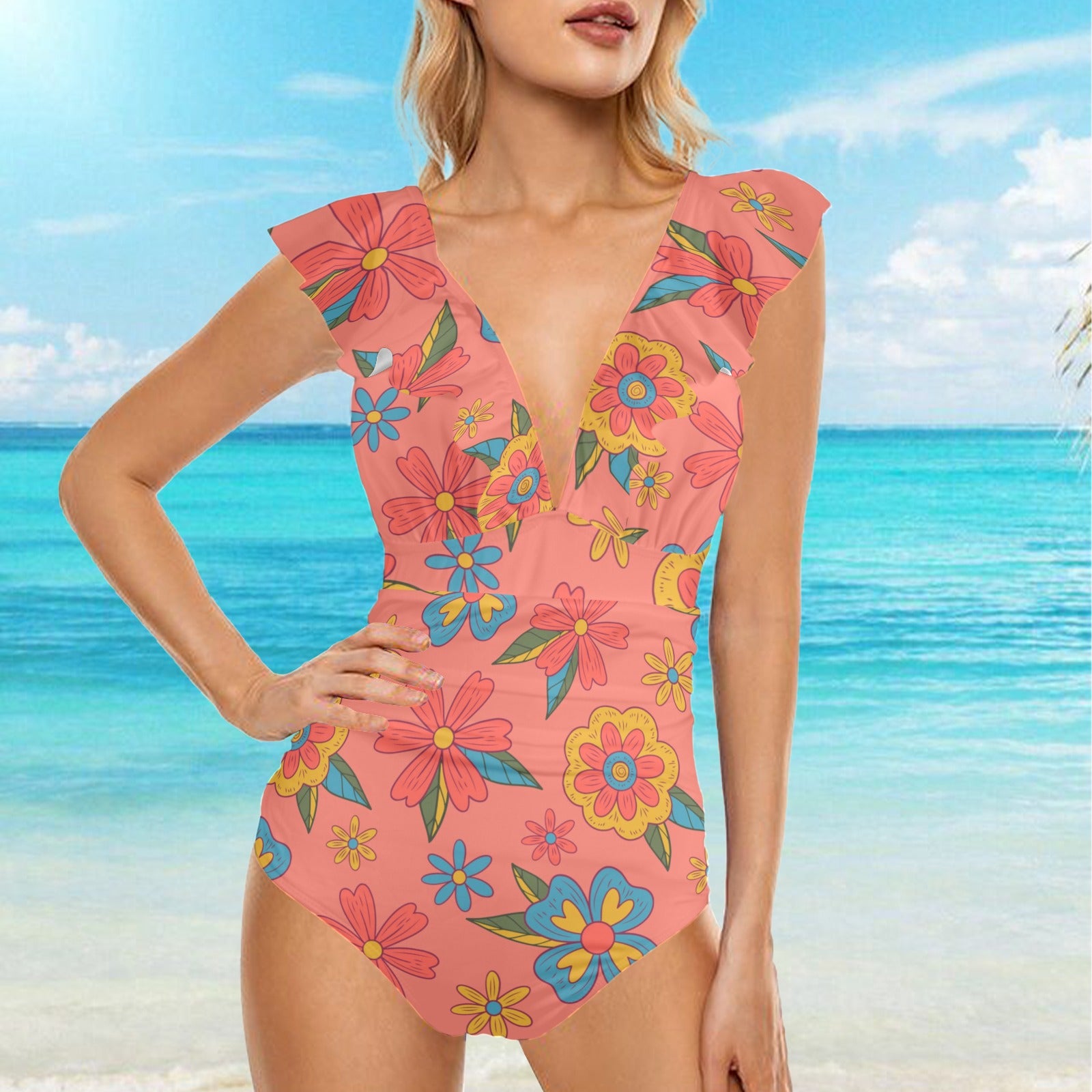 Mod Pink Floral Ruffle Swimsuit