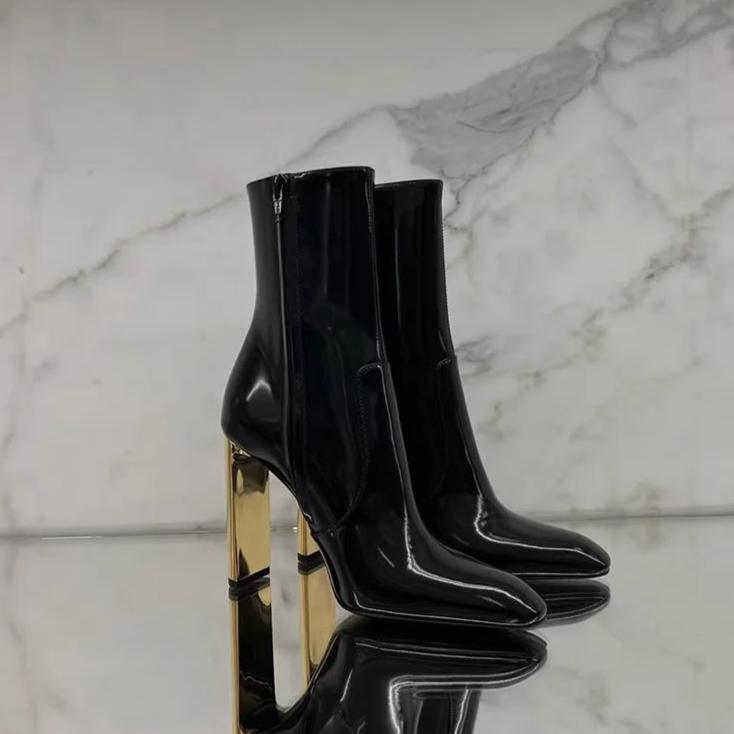 Women's Black Patent Ankle Boots | Luxury Gold Heel Booties | Designer Statement Boots