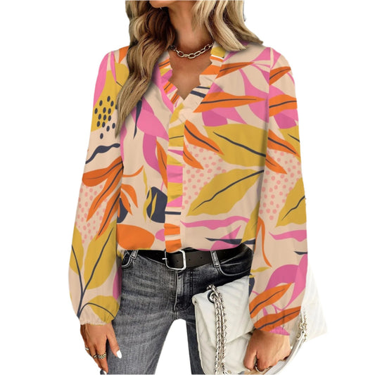 Abstract Pink Orange leaf Ruffle Blouse