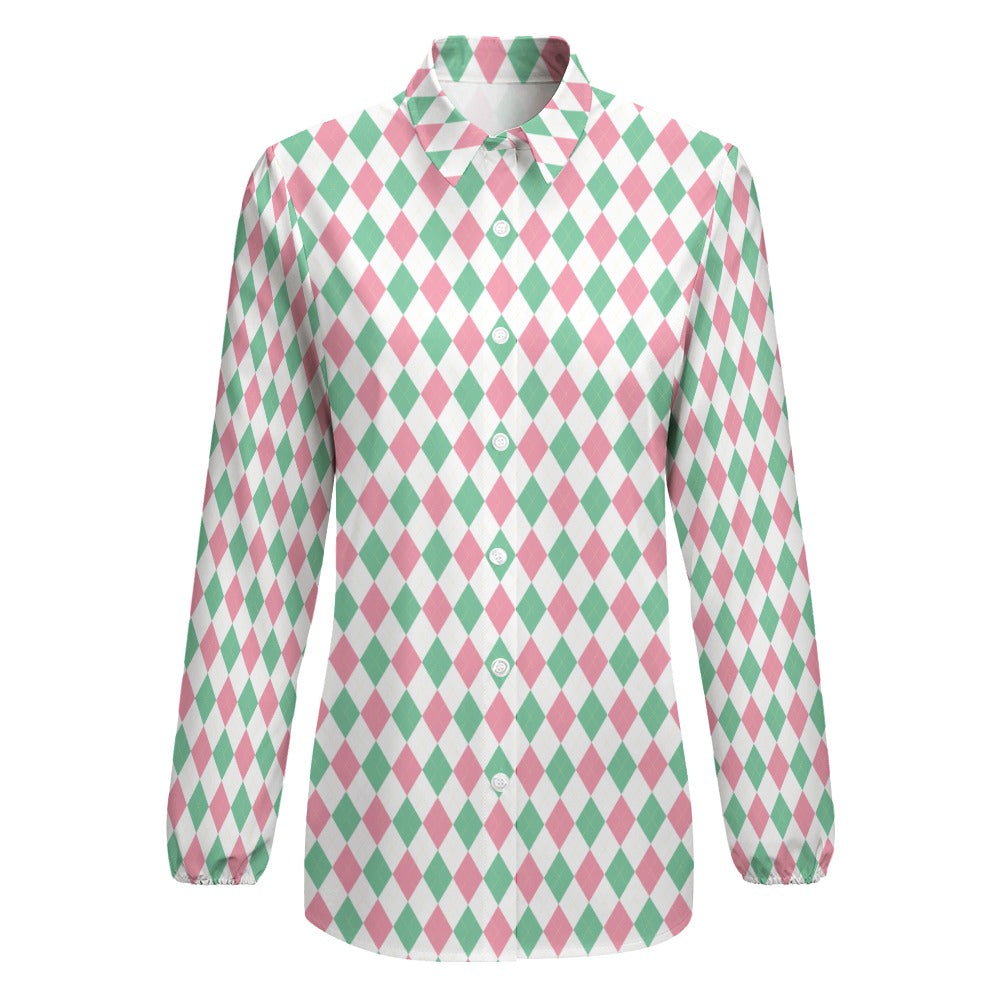 Vintage inspired Blouse, Pink Mint Green Argyle Top, Vintage inspired top Women