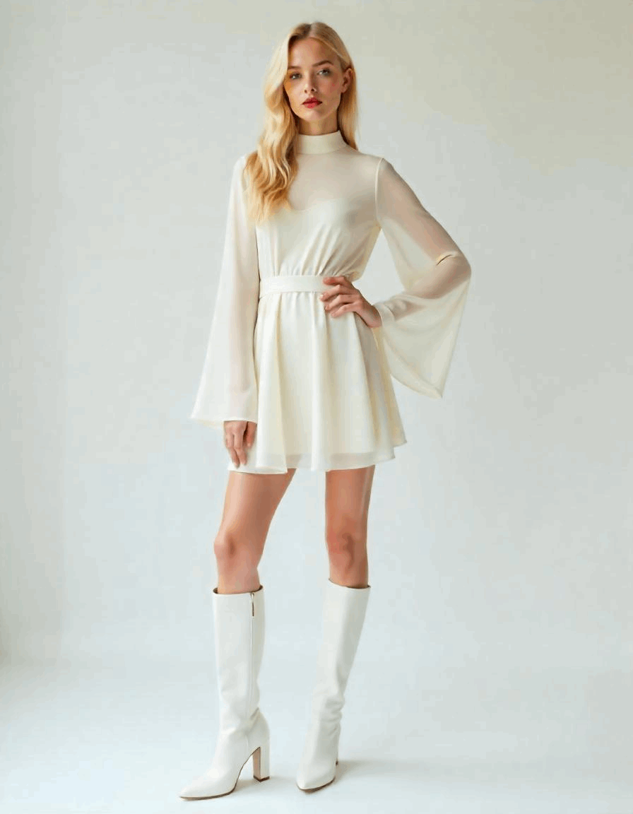 70s Dress Style | Vintage 70s Chiffon Dresses | Retro Pink & White Bell Sleeve Dress | A-Line 70s Mini Dresses
