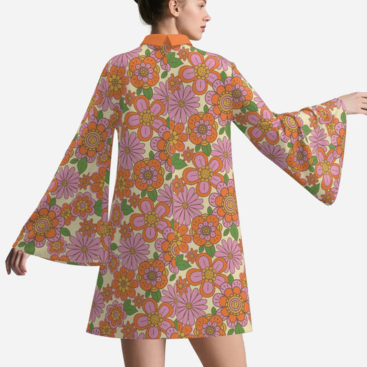 70s Dress Style | Retro Bell Sleeve Dress | Multicolor Orange Floral Tent Dress | Vintage 70s Disco Dress with Turtle Neck
