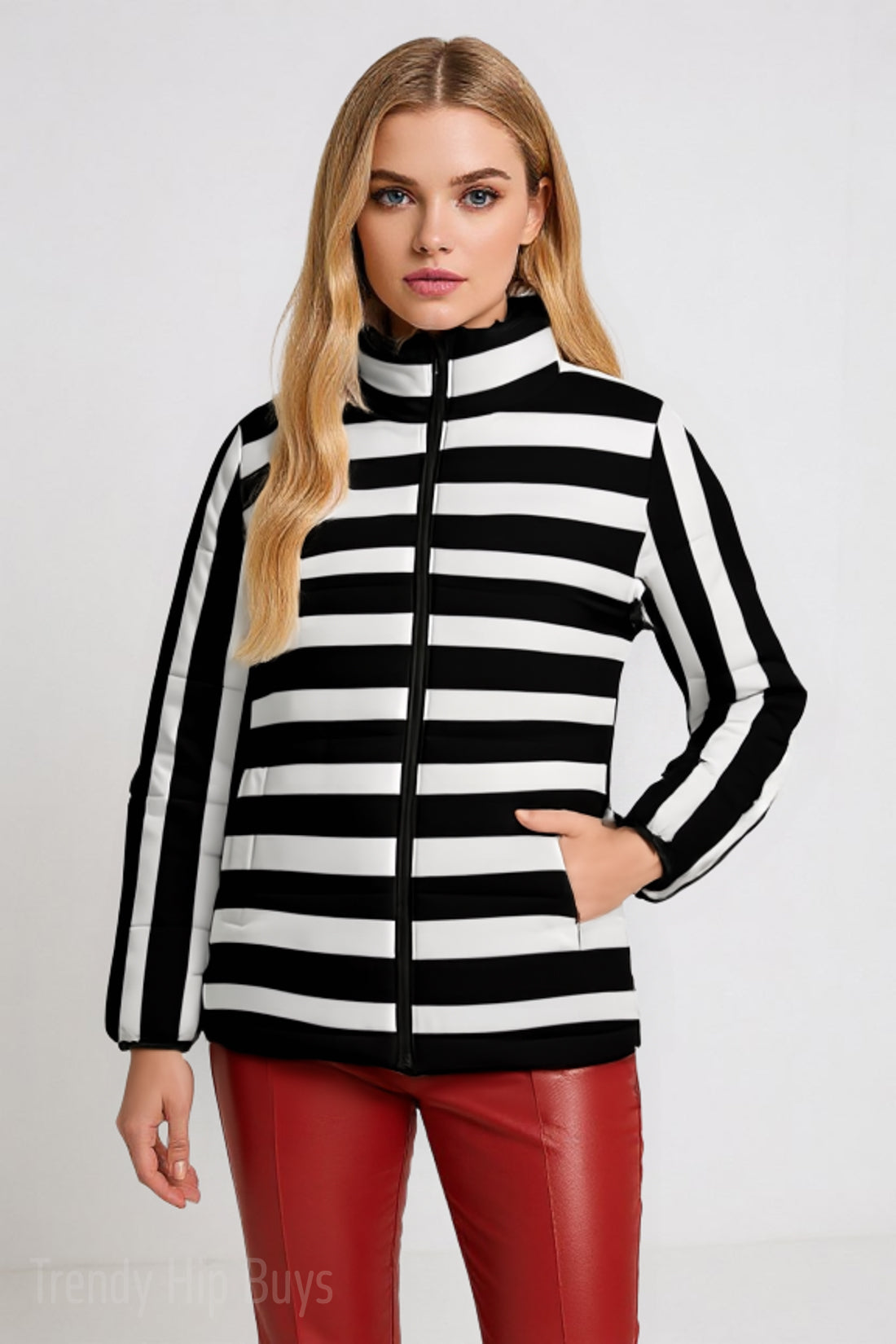 Unisex Black Stripe Puffer Jacket | Black and White Stripe Winter Jacket | Retro Stripe Cotton Filled Puffer Coat