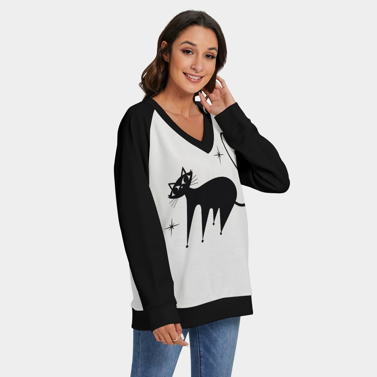 Black and White Cat Print  Knit Sweater