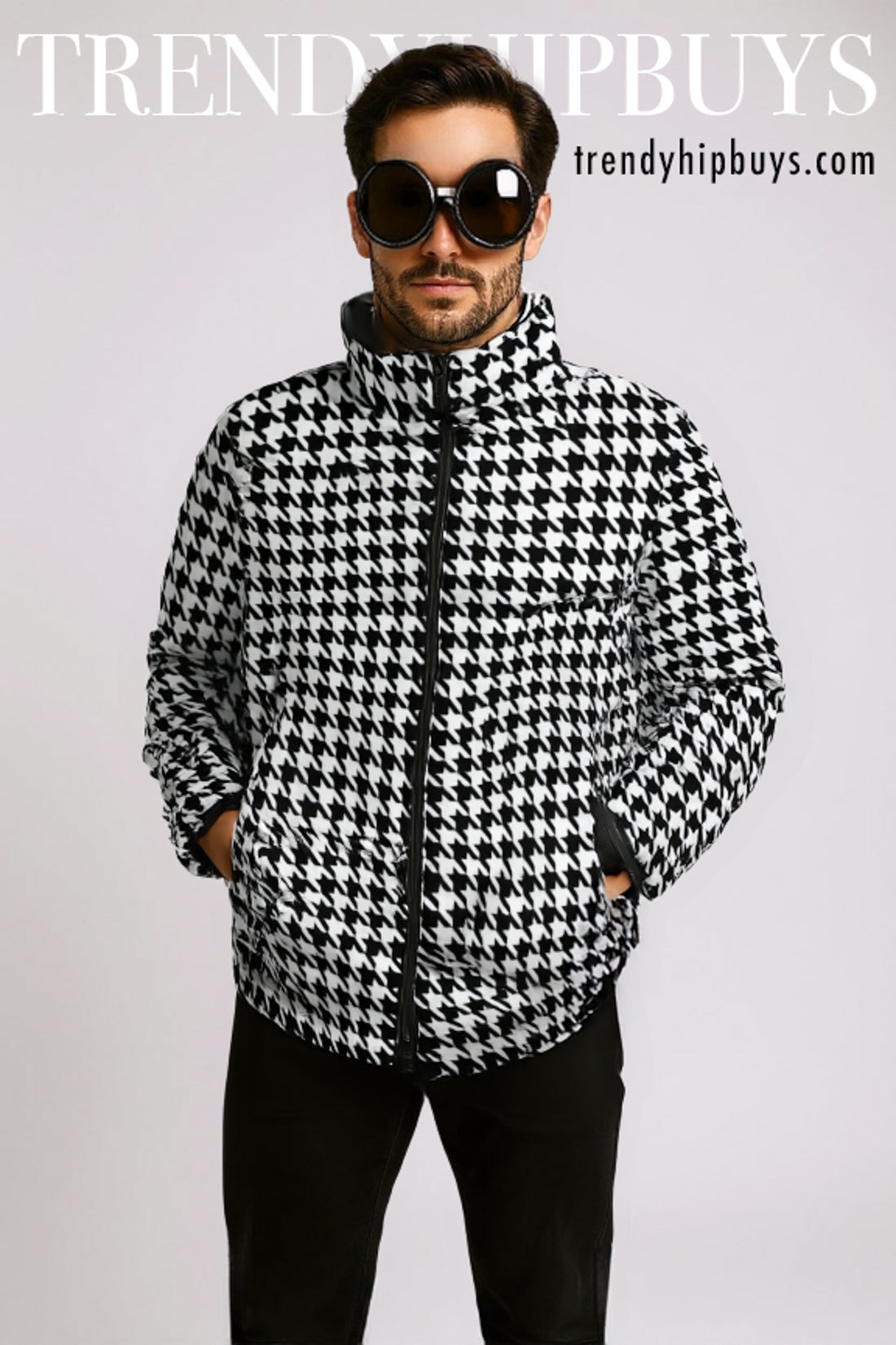 Unisex Black Houndstooth Puffer Jacket | Retro 60s Inspired Cotton Filled Winter Jacket