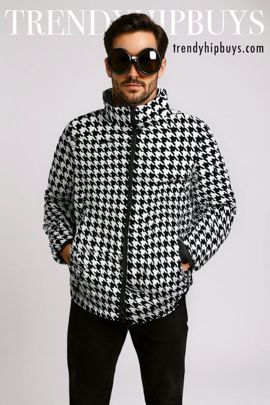 Unisex Black Houndstooth Puffer Jacket | Retro 60s Inspired Cotton Filled Winter Jacket