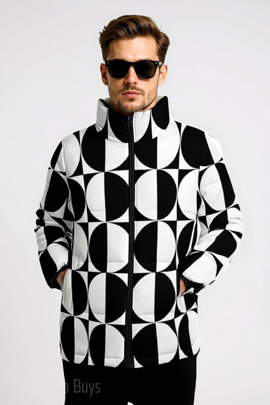 Unisex Op Art Puffer Jacket | Black & White Geometric Winter Jacket | Cotton Filled Retro Puffer Coat