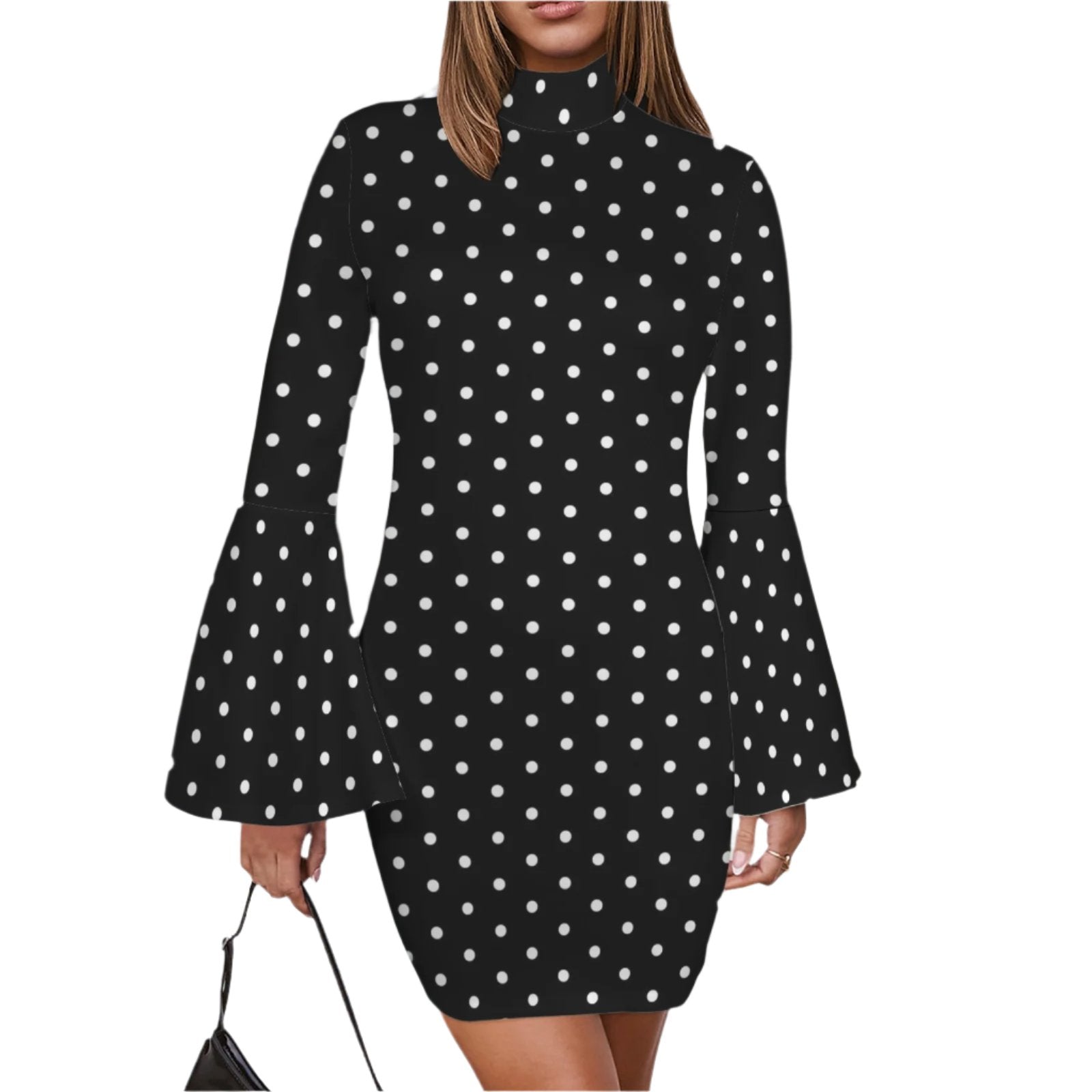 Black Polka Dot Turtle Neck Bell Sleeve Dress