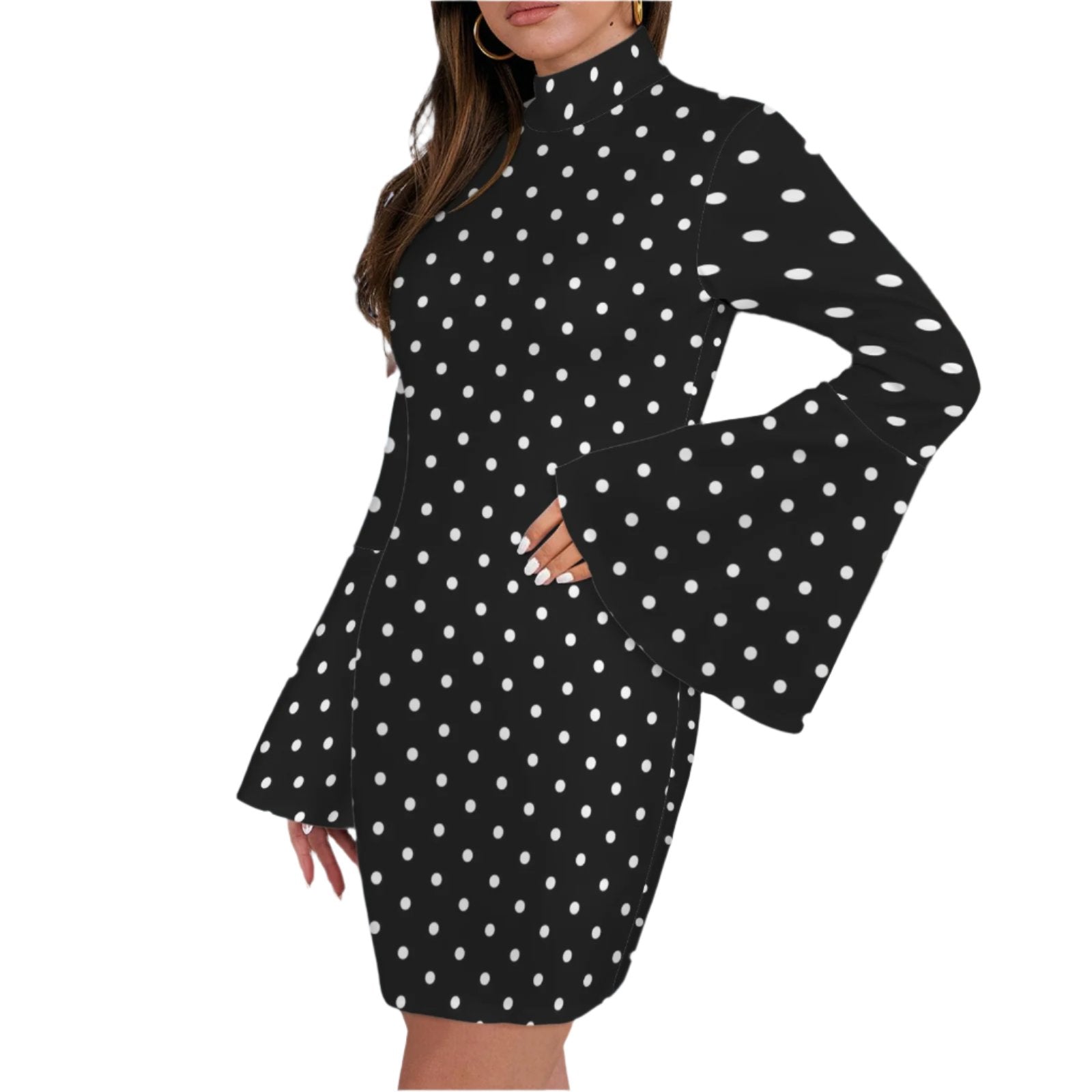 Black Polka Dot Turtle Neck Bell Sleeve Dress, polka dot shift mini dress