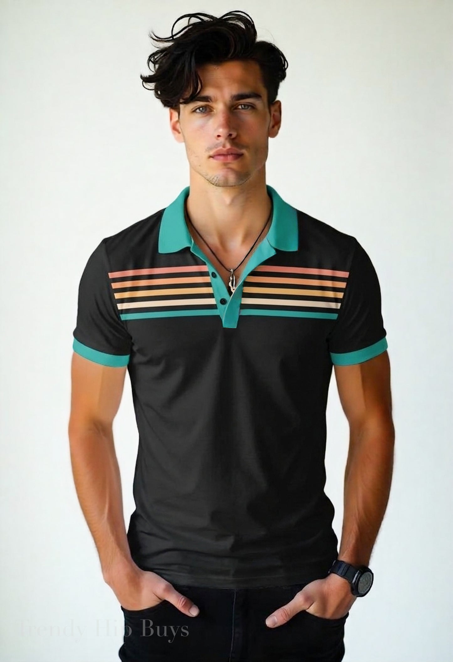 Retro Black Turquoise Stripe Polo Shirt Unisex UPF 50+ Sun Protection Vintage 70s Inspired Shirt