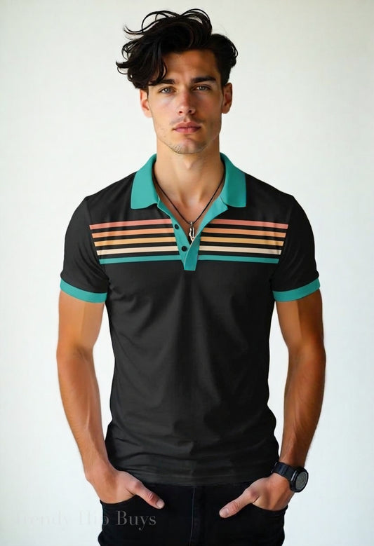 Retro Black Turquoise Stripe Polo Shirt Unisex UPF 50+ Sun Protection Vintage 70s Inspired Shirt