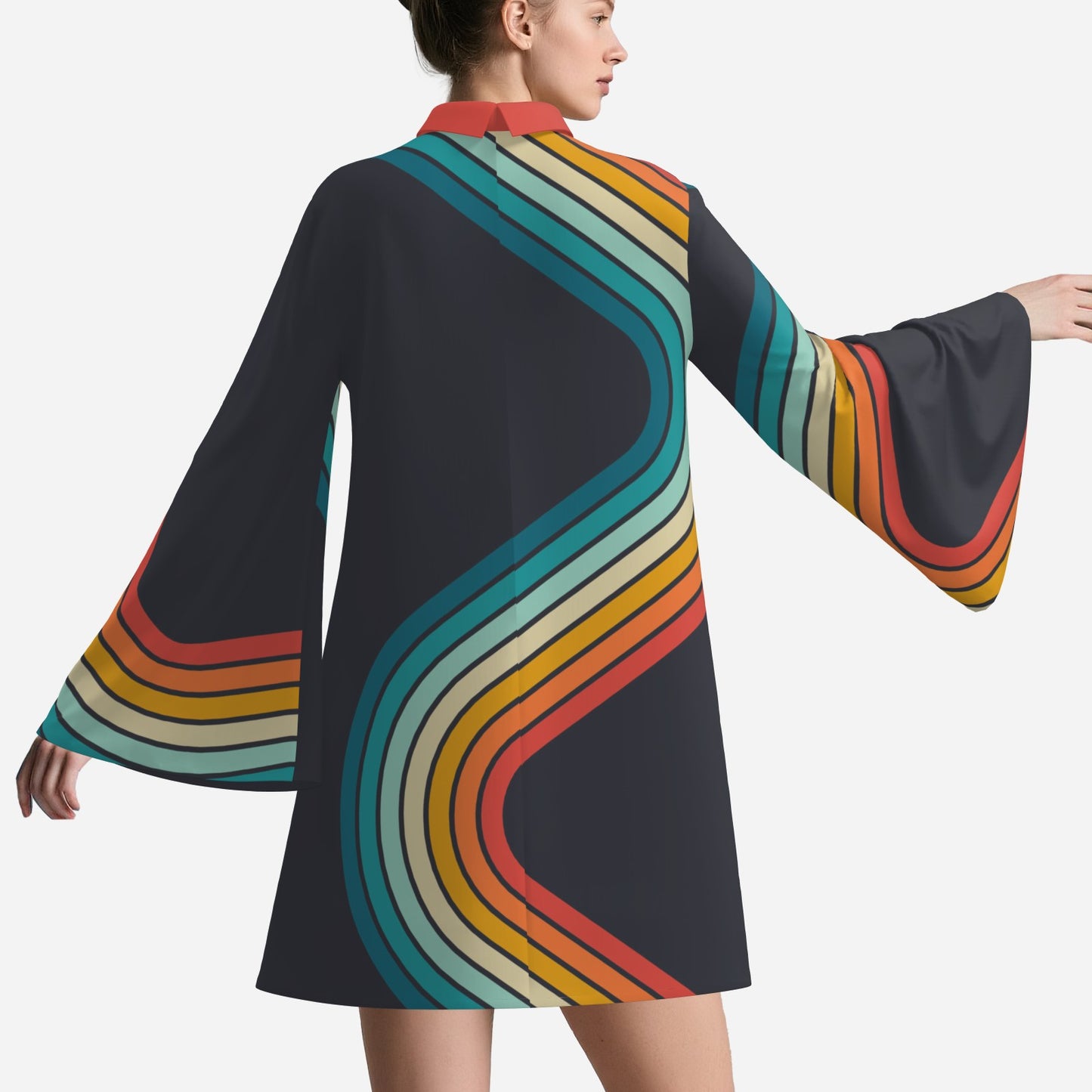 Groovy 70s Disco Dress | Black Rainbow Stripe Bell Sleeve Dress | Retro Turtleneck Tent Mini Dress