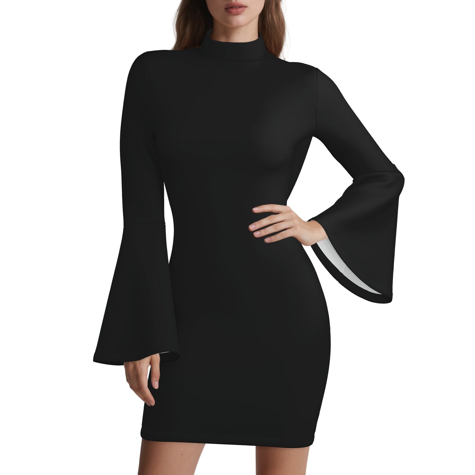 70s Style Bell Sleeve Turtleneck Shift Black Mini Dress, Disco Dress, Hippie dress