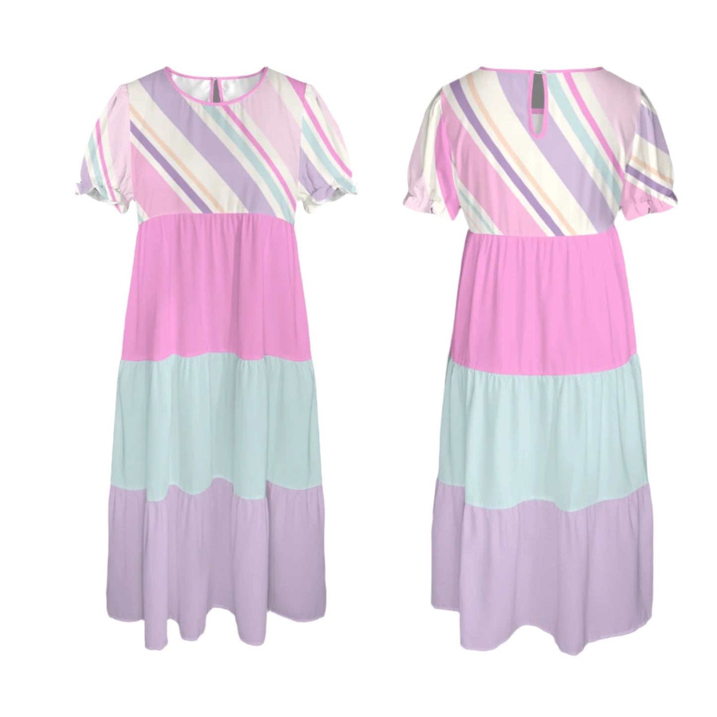 Pink Purple Stripe baby doll tier Puff sleeve dress