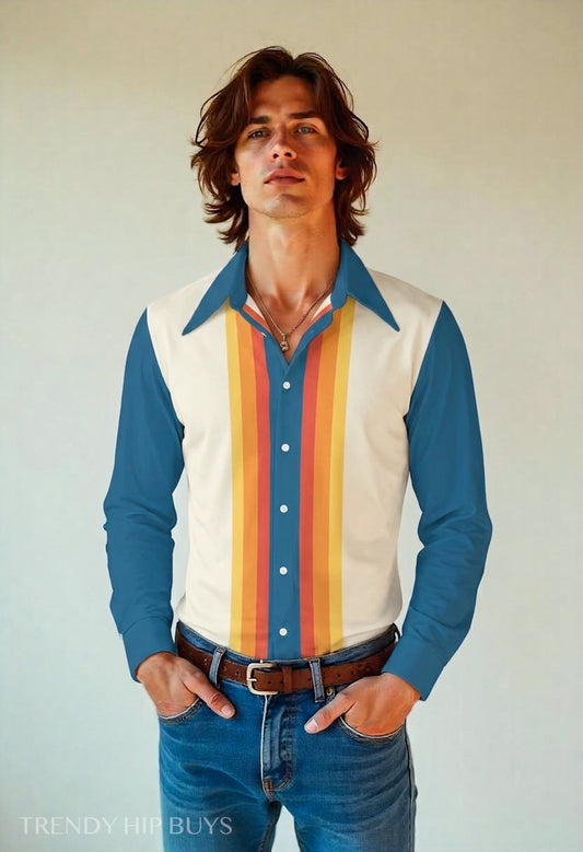Men's 70s Style Shirt, Blue Orange Stripe Retro Disco Shirt, Dagger Collar Long Sleeve Shirt, Vintage Inspired 70s Shirt