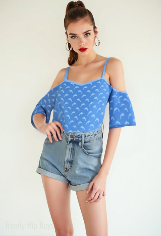 Women’s dolphin print off shoulder blue top with spaghetti straps, eco-friendly vintage blouse