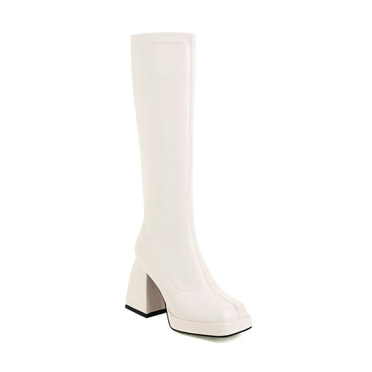 Weiße Gogo-Stiefel, weiße kniehohe Stiefel mit klobigem Absatz, schwarze Gogo-Stiefel 