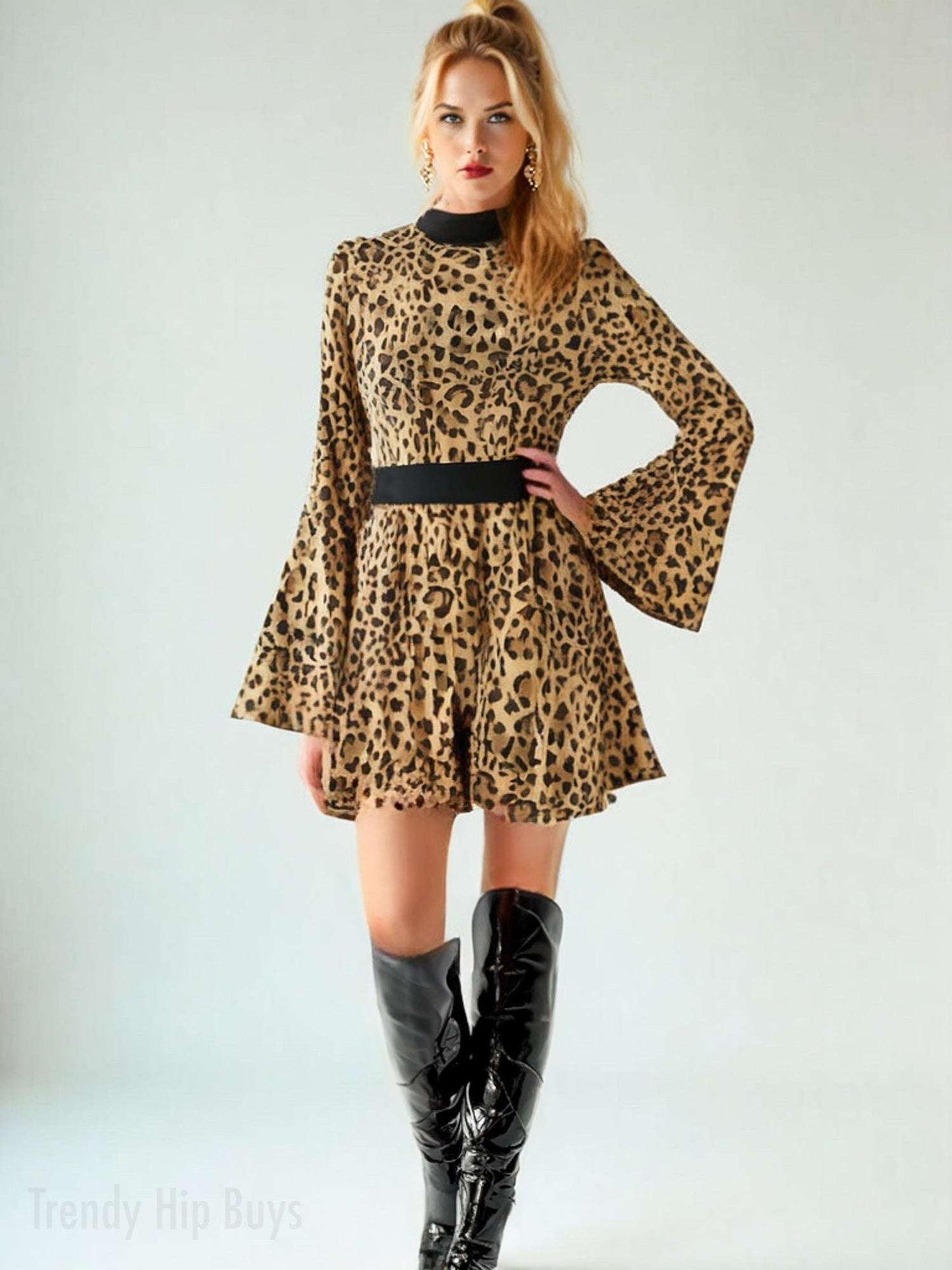 Animal Print 70s Dress Style | Retro Leopard Print Chiffon Bell Sleeve Mini Dress | 70s inspired Disco Dress