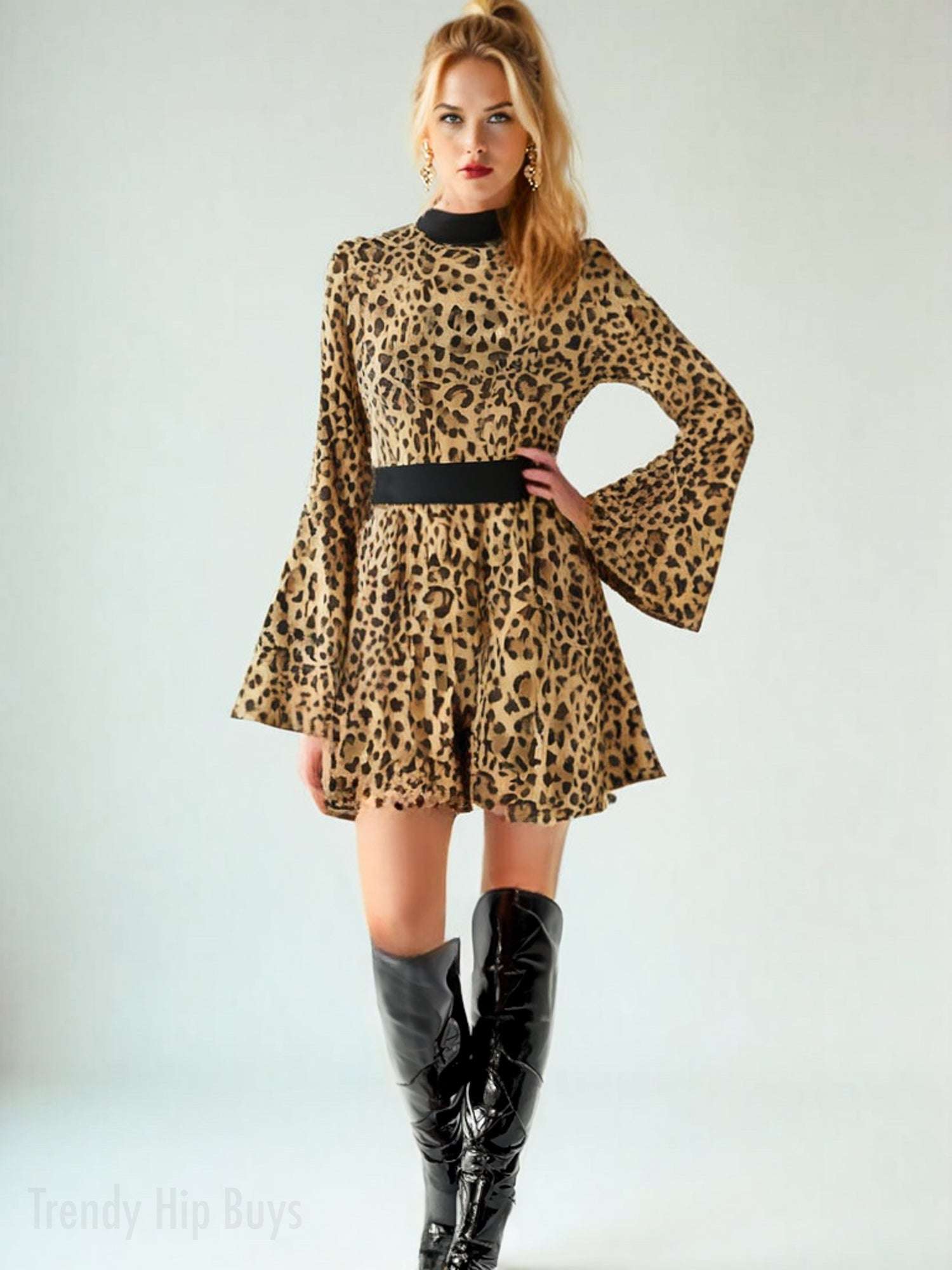Animal Print 70s Dress Style | Retro Leopard Print Chiffon Bell Sleeve Mini Dress | 70s inspired Disco Dress