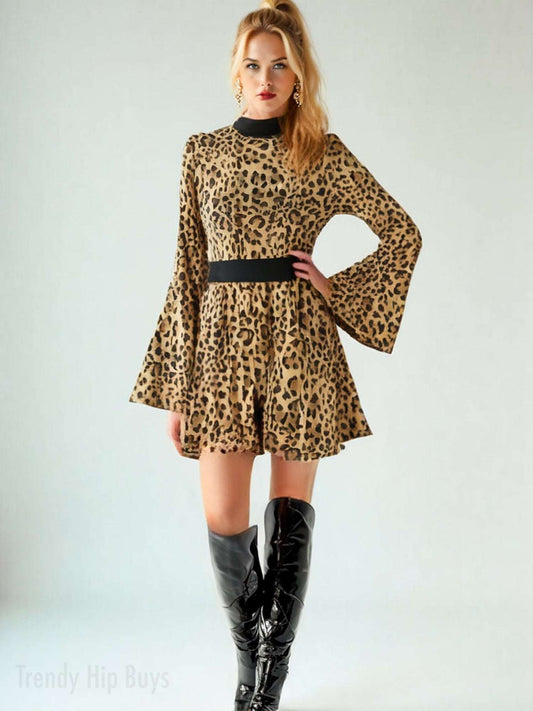 Animal Print 70s Dress Style | Retro Leopard Print Chiffon Bell Sleeve Mini Dress | 70s inspired Disco Dress