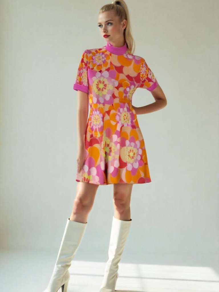 60s Mod Style Orange and Pink Floral Turtleneck Mini Dress | Vintage-Inspired A-Line Dress