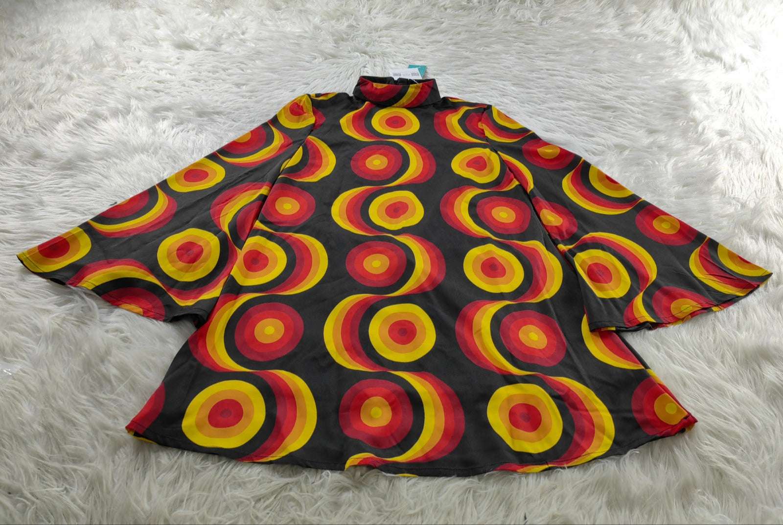 Geometric Black Brown Bell Sleeve Dress | 70s Op Art Space Age Chiffon Mini Dress | 70s Dress Style