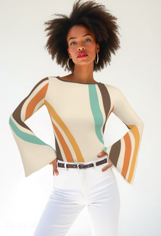 70s Beige Bell Sleeve Top | Groovy Stripe Hippie Blouse | Retro Long Sleeve T-Shirt Women