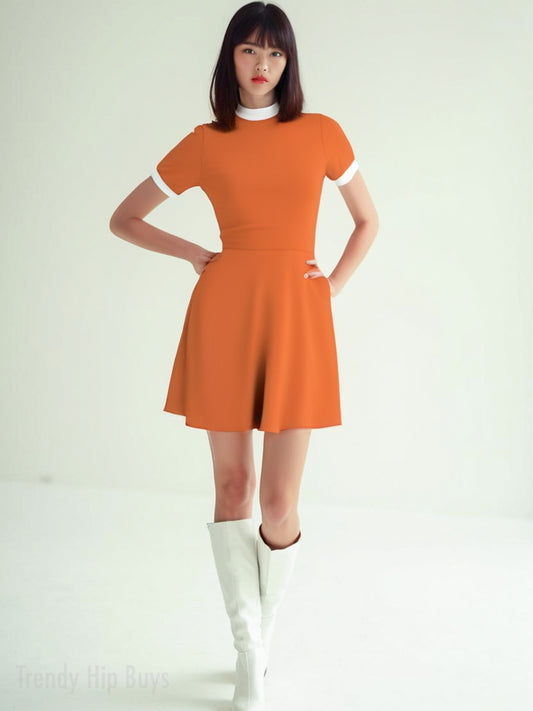 60sstsyledress,orange turtleneck dress, colorblock dress