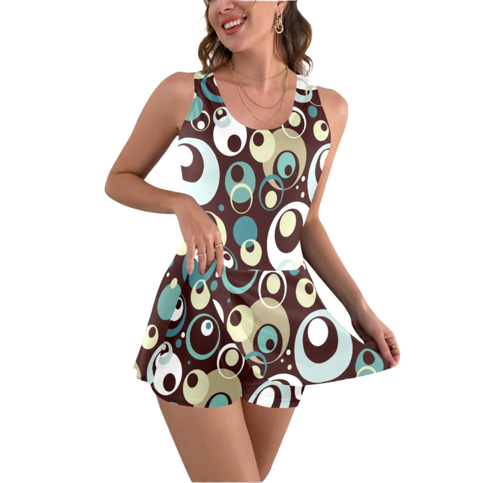 Mod 60s Brown Multicolor Skirt Swimsuit