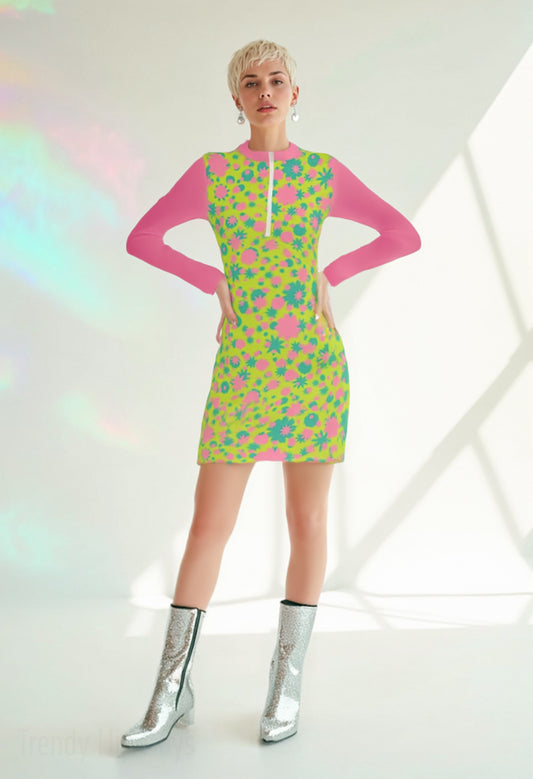 60s Mod Mini Dress | Pink Green Scuba GOGO Dress | Retro Shift Dress with Contrast Collar | Vintage-Inspired Mod Mini Dress