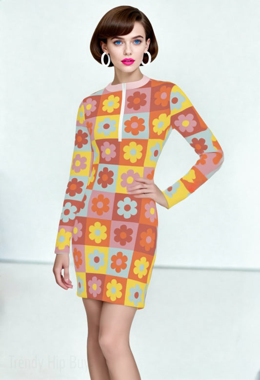 Women’s Mod 60s Style Dress | Multicolor Floral Scuba Mini Dress | Vintage 60s Inspired Long Sleeve Dress | Go Go dress